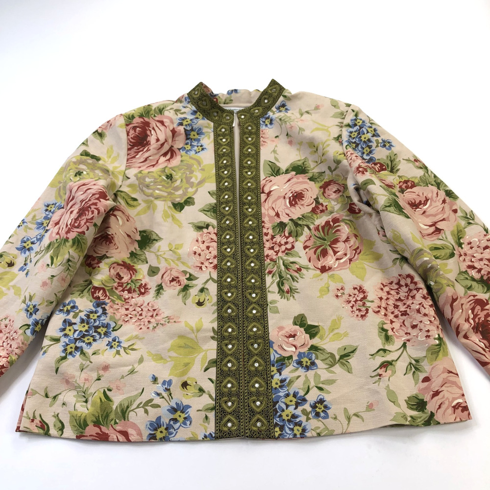 Coldwater Creek LG Linen Blend Embroidered Open Front Jacket Beige Floral MINT